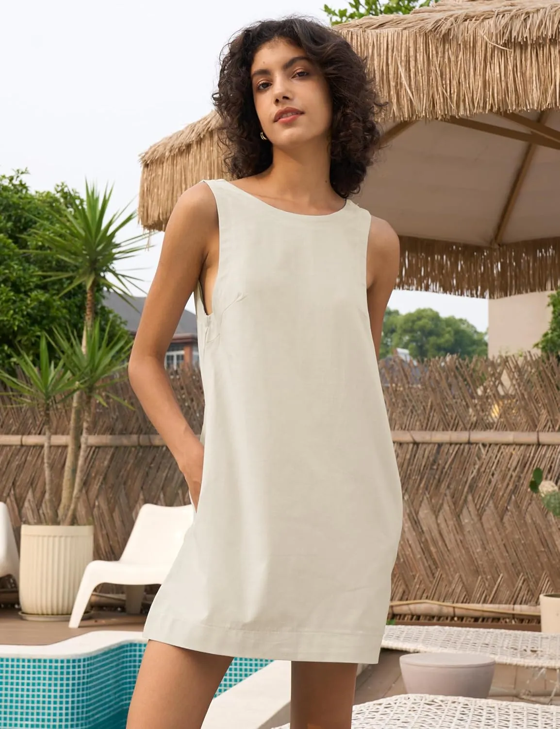 Womens Summer Crew Neck Sleeveless Open Back Dress Casual Beach Sunshine Cotton Linen Mini Dress