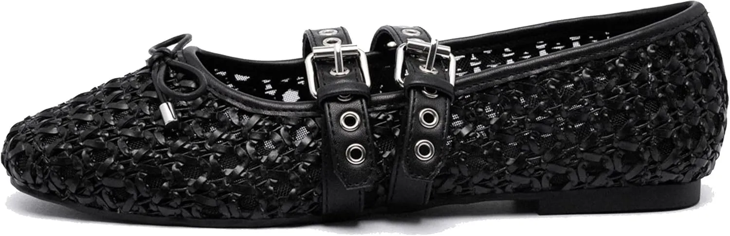 Woven Mary Jane Flats for Women Comfortable Breathable Woven Fabric Mesh Ballet Shoes with Decorative Bow Adjustable Instep Buckle Straps Casual Elegant Slip-On Flats