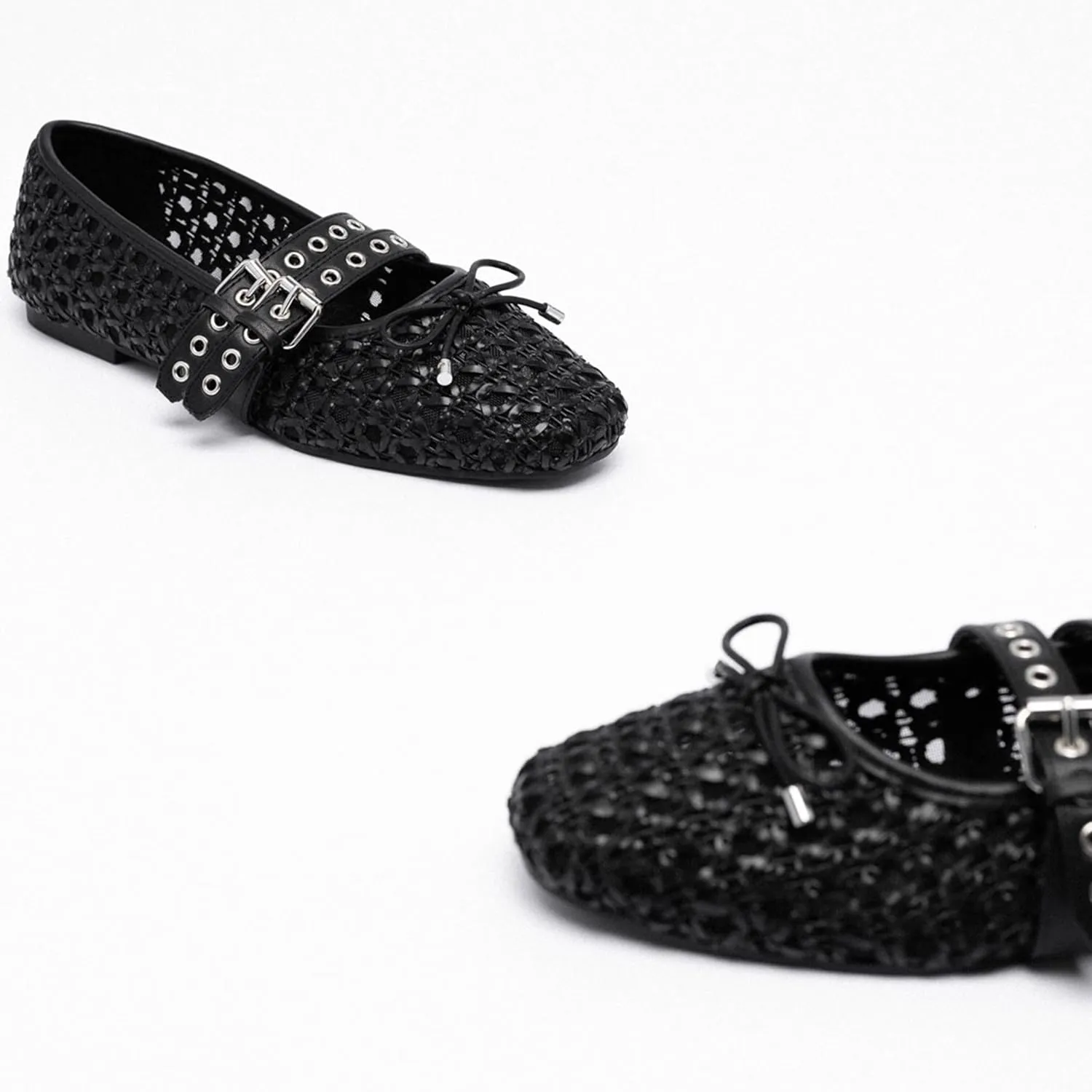 Woven Mary Jane Flats for Women Comfortable Breathable Woven Fabric Mesh Ballet Shoes with Decorative Bow Adjustable Instep Buckle Straps Casual Elegant Slip-On Flats