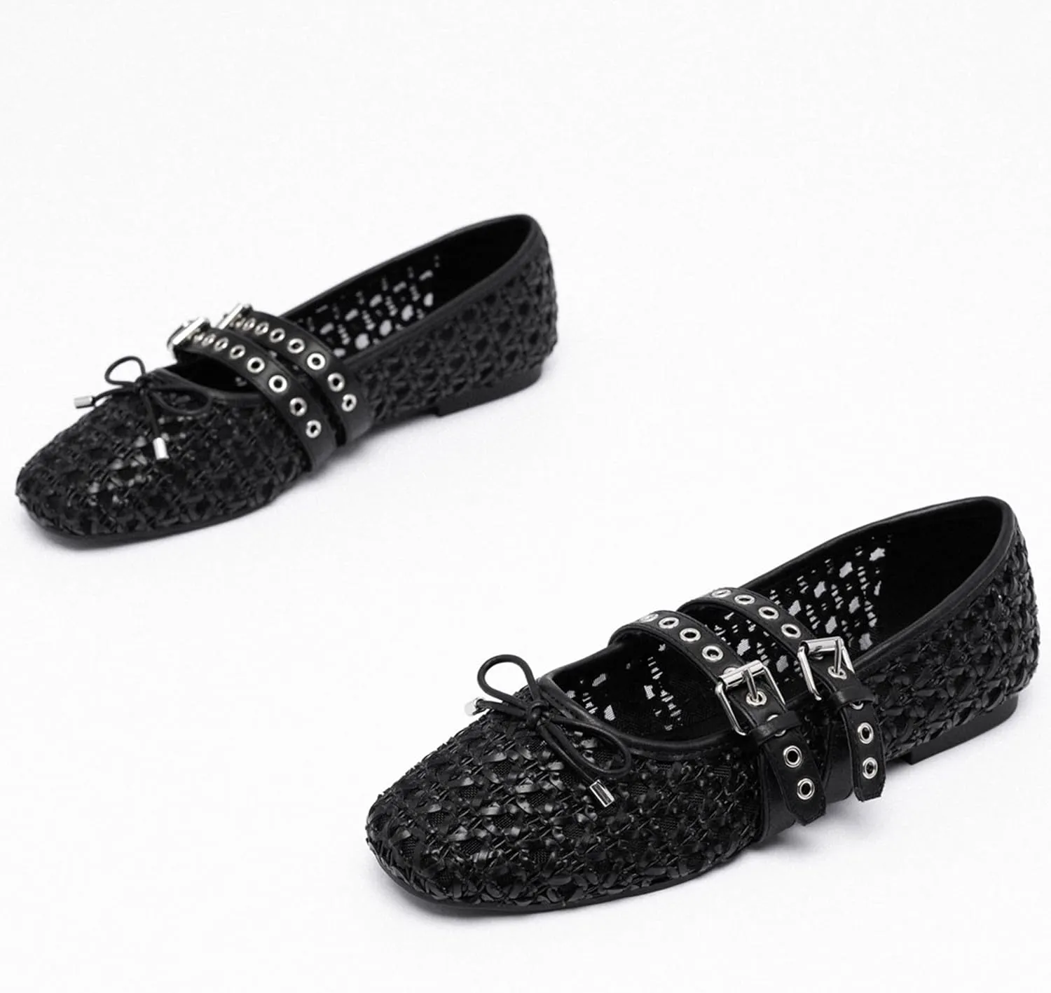 Woven Mary Jane Flats for Women Comfortable Breathable Woven Fabric Mesh Ballet Shoes with Decorative Bow Adjustable Instep Buckle Straps Casual Elegant Slip-On Flats