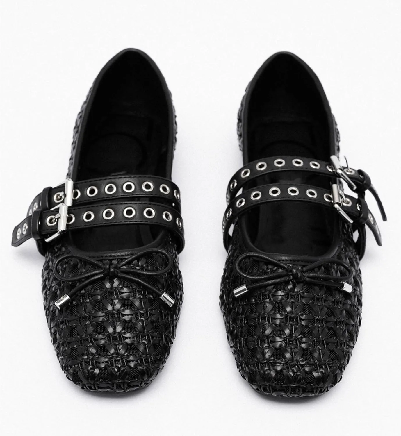 Woven Mary Jane Flats for Women Comfortable Breathable Woven Fabric Mesh Ballet Shoes with Decorative Bow Adjustable Instep Buckle Straps Casual Elegant Slip-On Flats