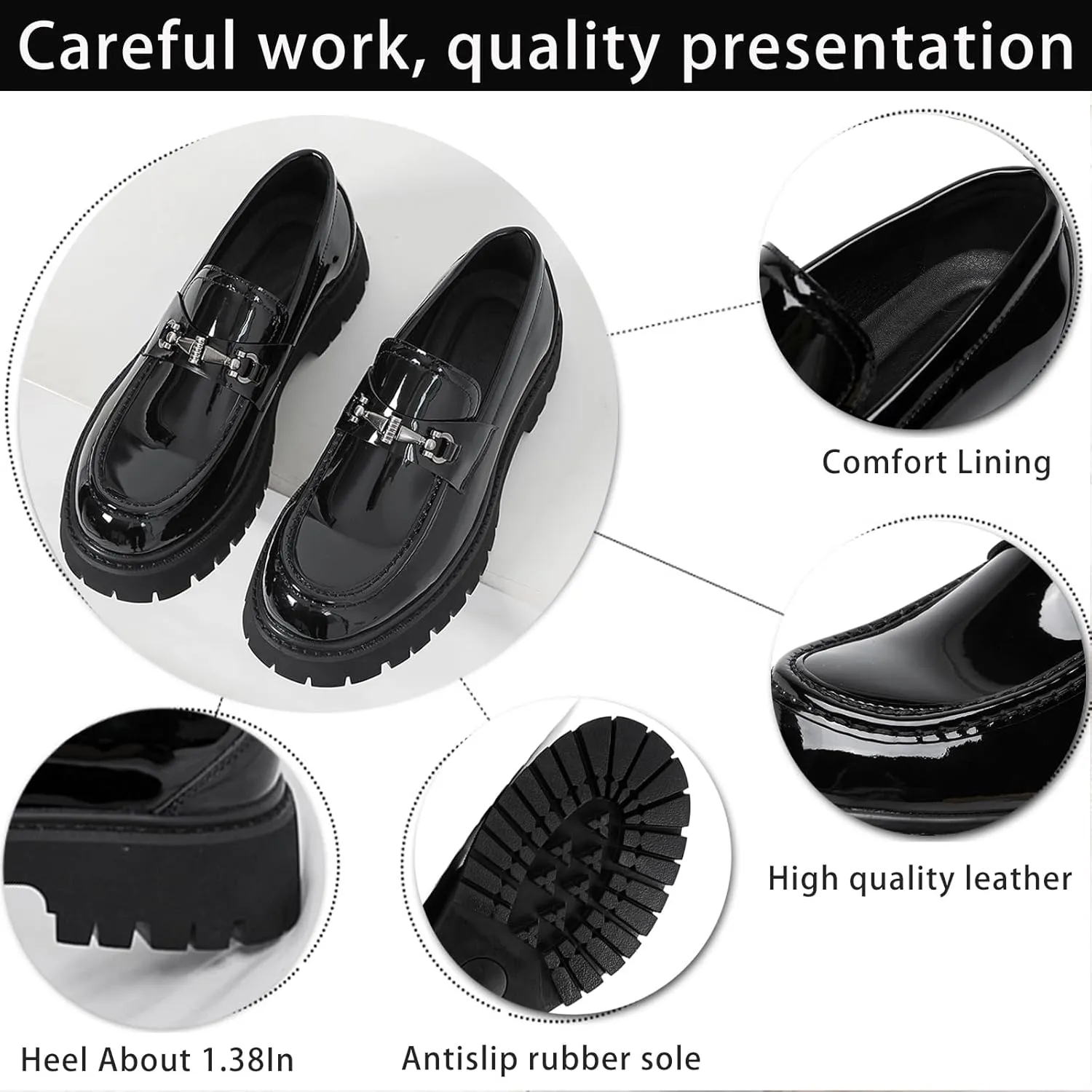 XENTORD Men's Patent Leather Platform Loafers Comfort Non-Slip Lug Sole Slip-On Dress Shoes with Metal Horsebit Detail for Business Office & Casual
