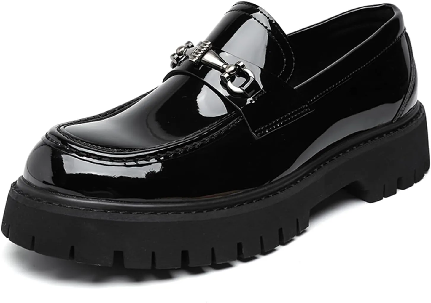 XENTORD Men's Patent Leather Platform Loafers Comfort Non-Slip Lug Sole Slip-On Dress Shoes with Metal Horsebit Detail for Business Office & Casual