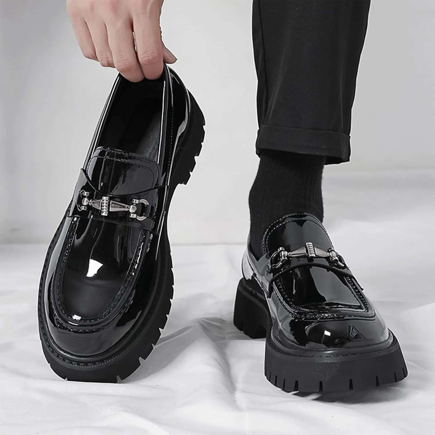 XENTORD Men's Patent Leather Platform Loafers Comfort Non-Slip Lug Sole Slip-On Dress Shoes with Metal Horsebit Detail for Business Office & Casual