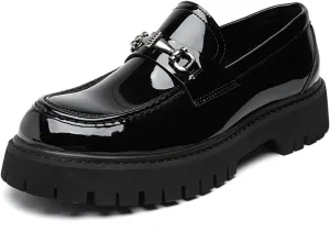XENTORD Men's Patent Leather Platform Loafers Comfort Non-Slip Lug Sole Slip-On Dress Shoes with Metal Horsebit Detail for Business Office & Casual