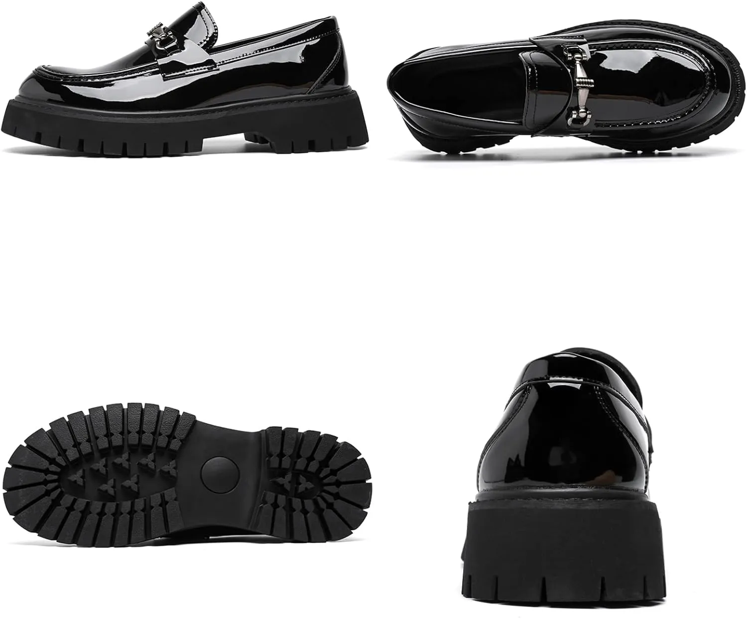 XENTORD Men's Patent Leather Platform Loafers Comfort Non-Slip Lug Sole Slip-On Dress Shoes with Metal Horsebit Detail for Business Office & Casual