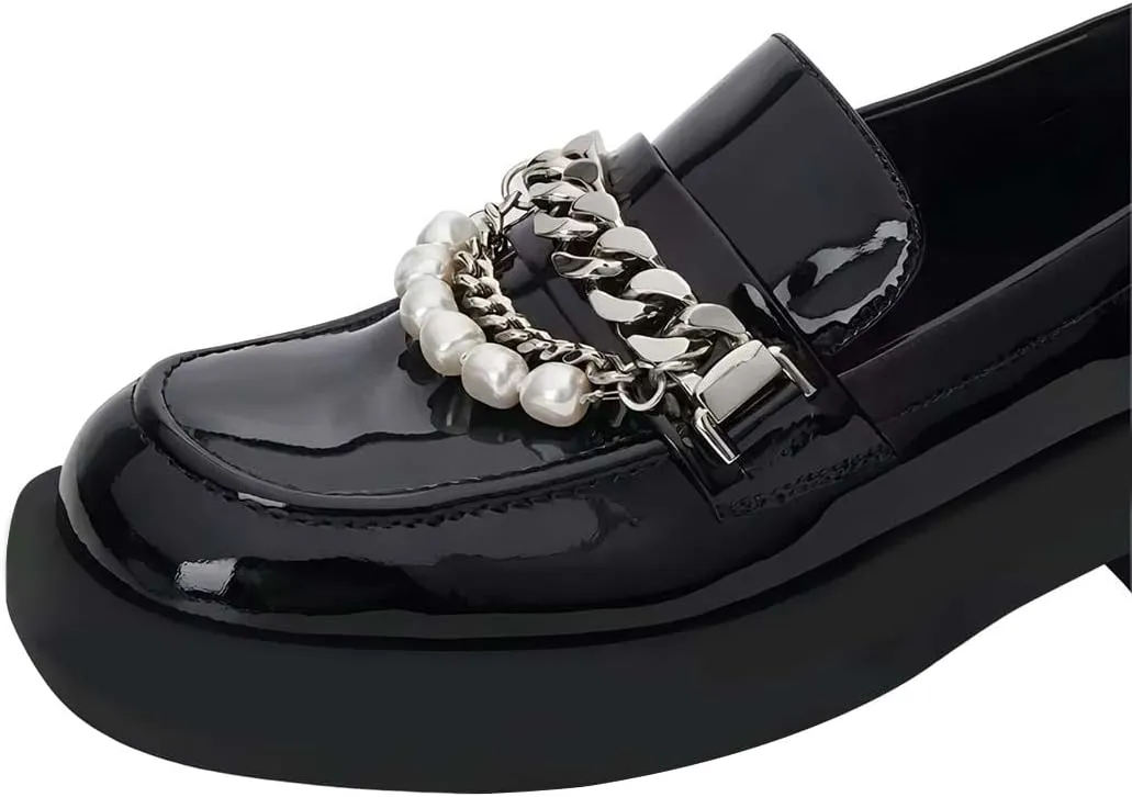 XYD Women Chic Platform Closed Square Toe Slip On Chains Pearl Loafer Patent Leather Low Chunky Heel Daily Walking Comfy Shoes