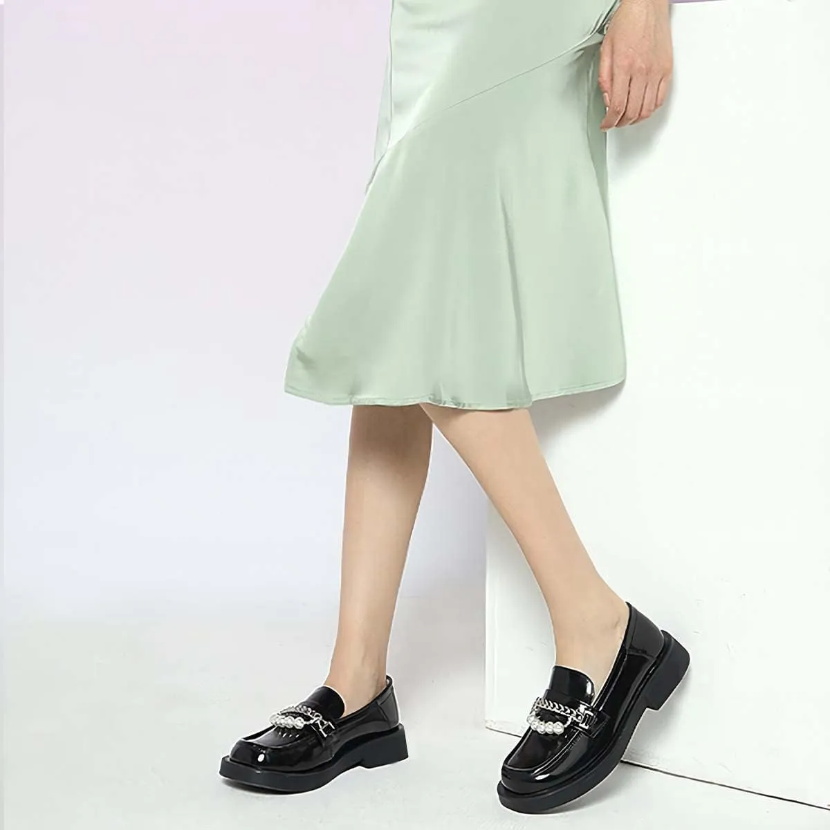 XYD Women Chic Platform Closed Square Toe Slip On Chains Pearl Loafer Patent Leather Low Chunky Heel Daily Walking Comfy Shoes