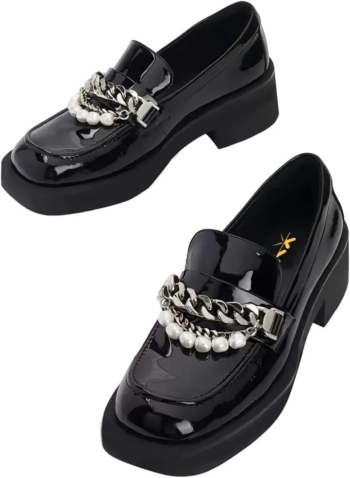 XYD Women Chic Platform Closed Square Toe Slip On Chains Pearl Loafer Patent Leather Low Chunky Heel Daily Walking Comfy Shoes