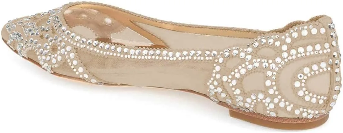 XYD Women Elegant Pointed Toe Rhinestone Flats Mesh Slip-on Crystals Wedding Bride Ballet Shoes