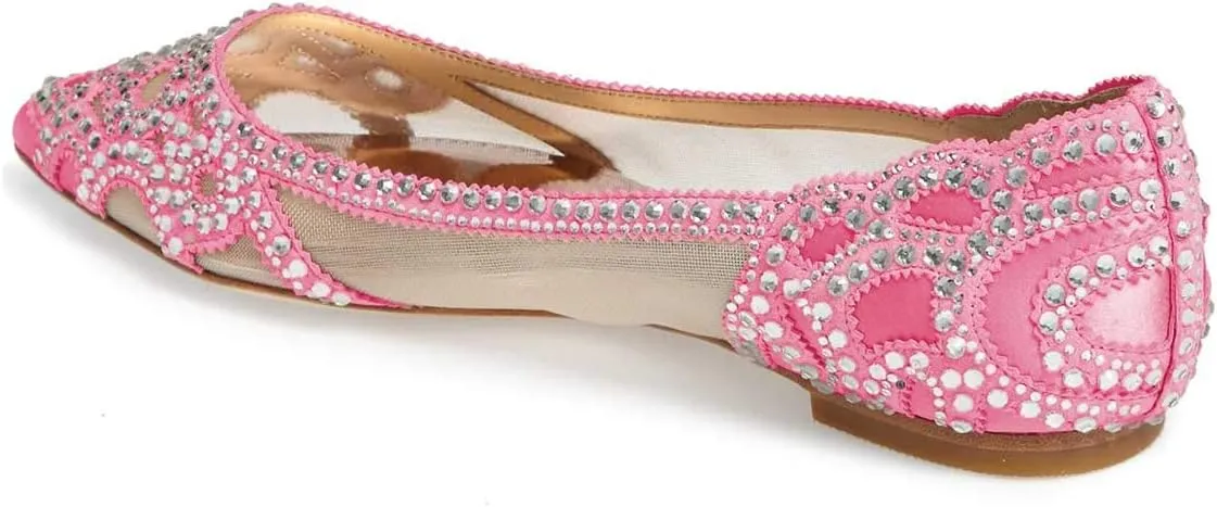 XYD Women Elegant Pointed Toe Rhinestone Flats Mesh Slip-on Crystals Wedding Bride Ballet Shoes