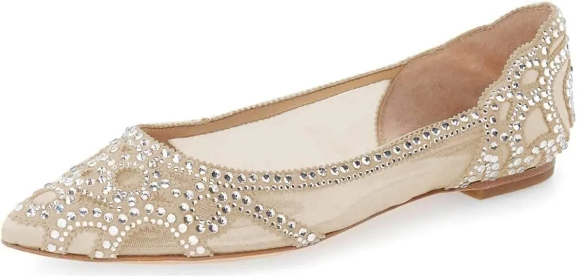 XYD Women Elegant Pointed Toe Rhinestone Flats Mesh Slip-on Crystals Wedding Bride Ballet Shoes