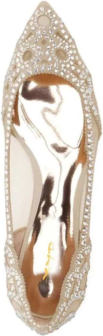XYD Women Elegant Pointed Toe Rhinestone Flats Mesh Slip-on Crystals Wedding Bride Ballet Shoes
