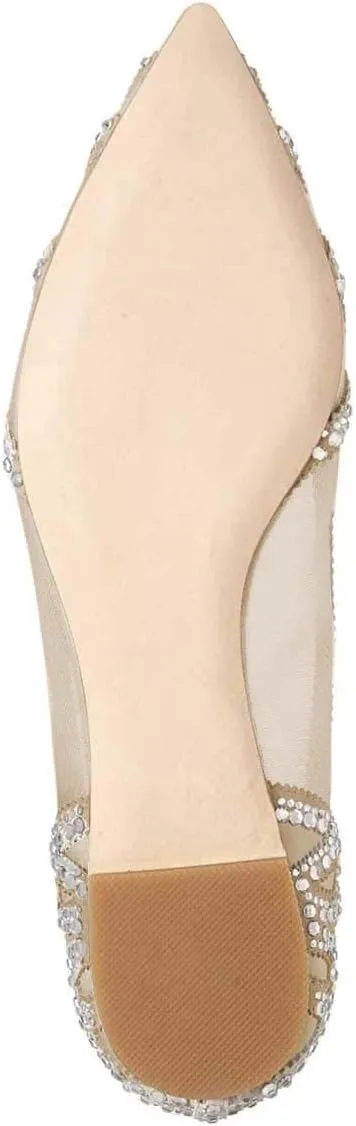 XYD Women Elegant Pointed Toe Rhinestone Flats Mesh Slip-on Crystals Wedding Bride Ballet Shoes