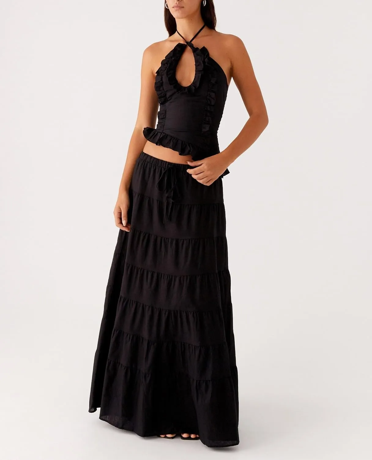 Y2k Ruffle Long Skirt Sets for Women 2 Piece Outfits Summer Ruched Backless Cami Top Matching Boho Maxi Skirt Set