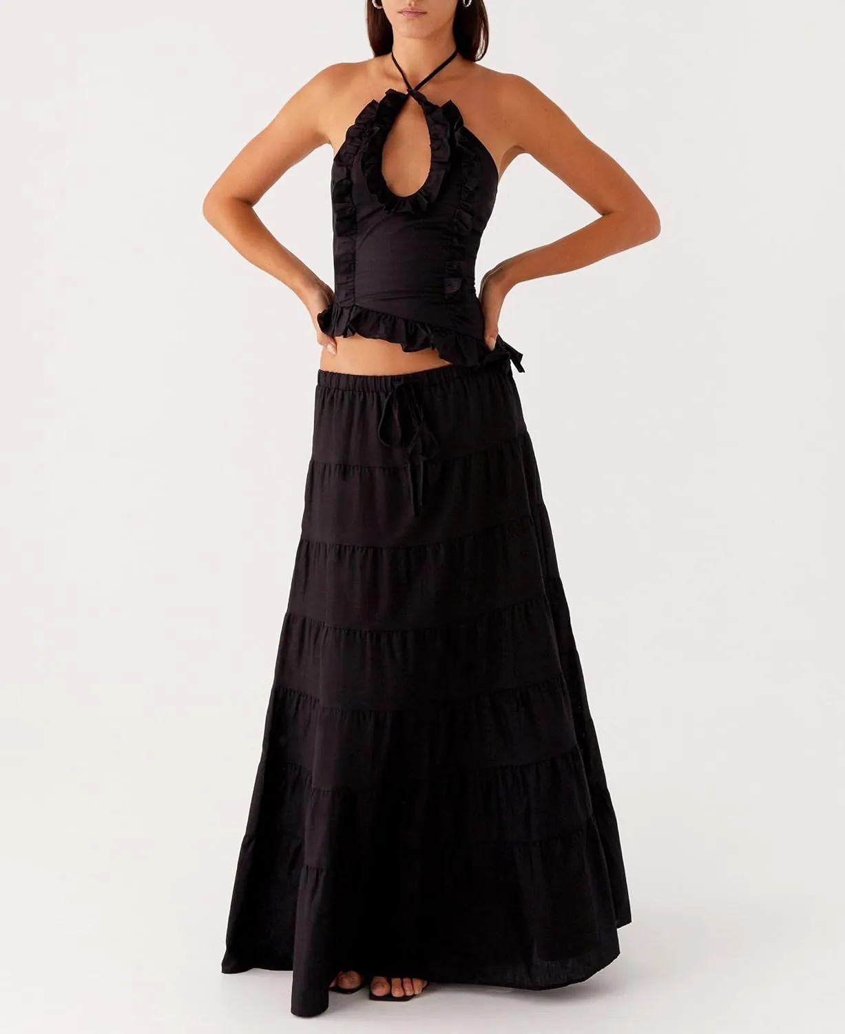 Y2k Ruffle Long Skirt Sets for Women 2 Piece Outfits Summer Ruched Backless Cami Top Matching Boho Maxi Skirt Set