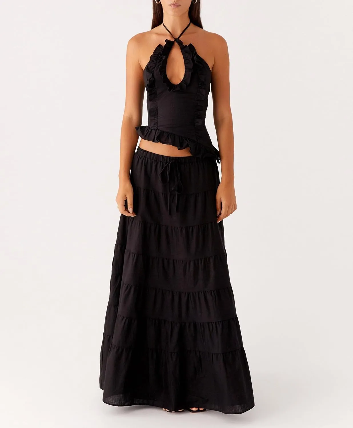 Y2k Ruffle Long Skirt Sets for Women 2 Piece Outfits Summer Ruched Backless Cami Top Matching Boho Maxi Skirt Set