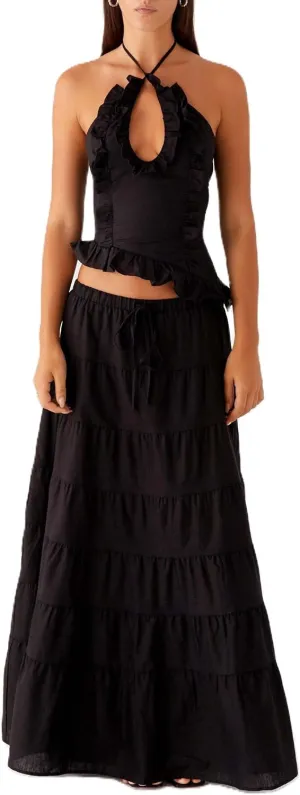 Y2k Ruffle Long Skirt Sets for Women 2 Piece Outfits Summer Ruched Backless Cami Top Matching Boho Maxi Skirt Set