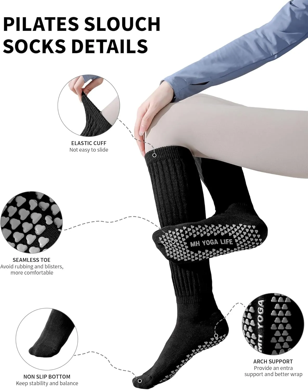 Yawlsow Pilates Socks with Grips for Women Scrunch Yoga Grippy Non Slip Long Slouchy Socks for Barre Workout Hospital