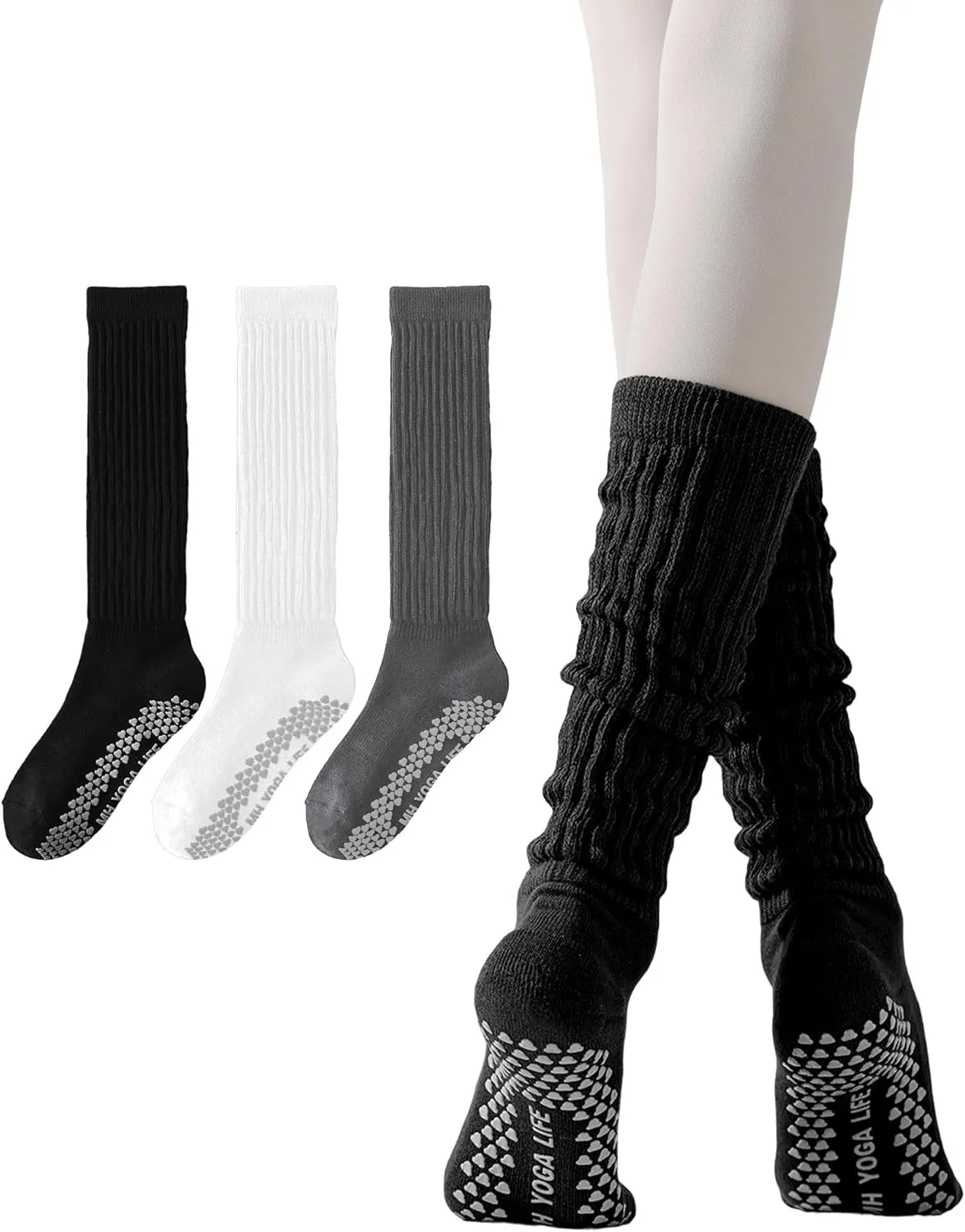Yawlsow Pilates Socks with Grips for Women Scrunch Yoga Grippy Non Slip Long Slouchy Socks for Barre Workout Hospital