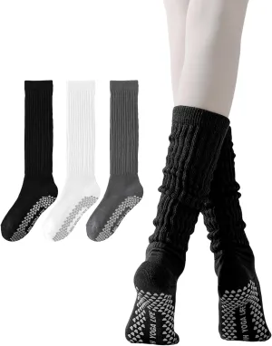 Yawlsow Pilates Socks with Grips for Women Scrunch Yoga Grippy Non Slip Long Slouchy Socks for Barre Workout Hospital